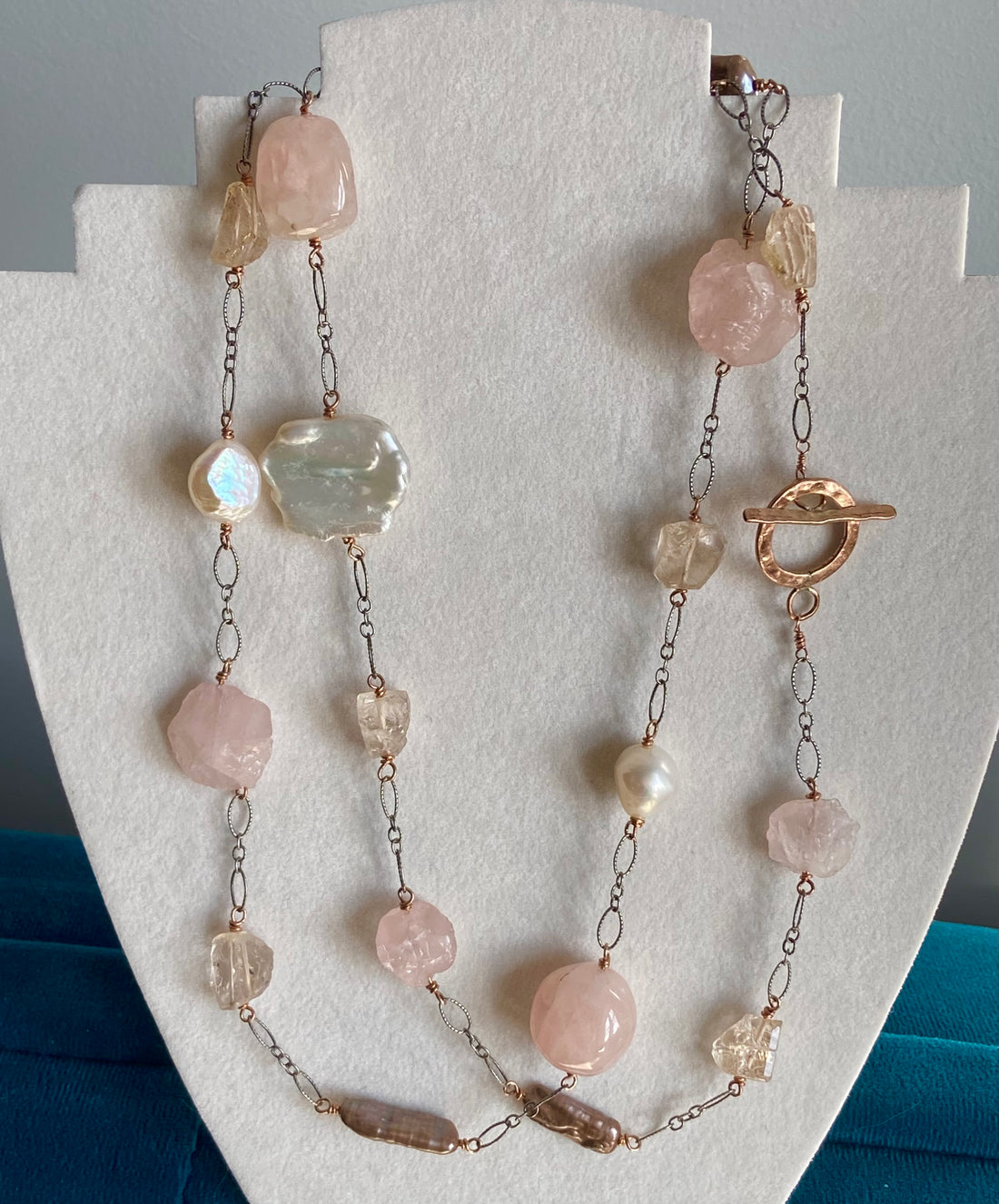 Long Pink Multi Gemstone and Pearl Necklace