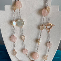 Long Pink Multi Gemstone and Pearl Necklace