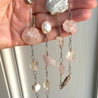 Long Pink Multi Gemstone and Pearl Necklace