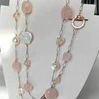 Long Pink Multi Gemstone and Pearl Necklace