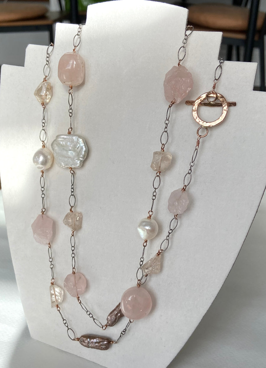 Long Pink Multi Gemstone and Pearl Necklace