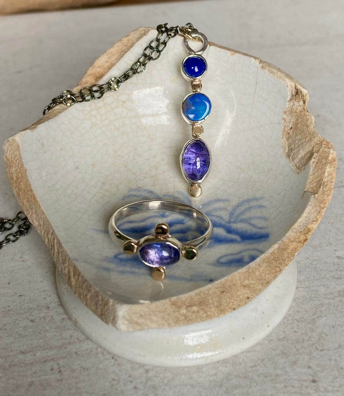 Tanzanite, Australian Boulder Opal and Lapis Lazuli Pendant Necklace, December September October Birthstone Necklace
