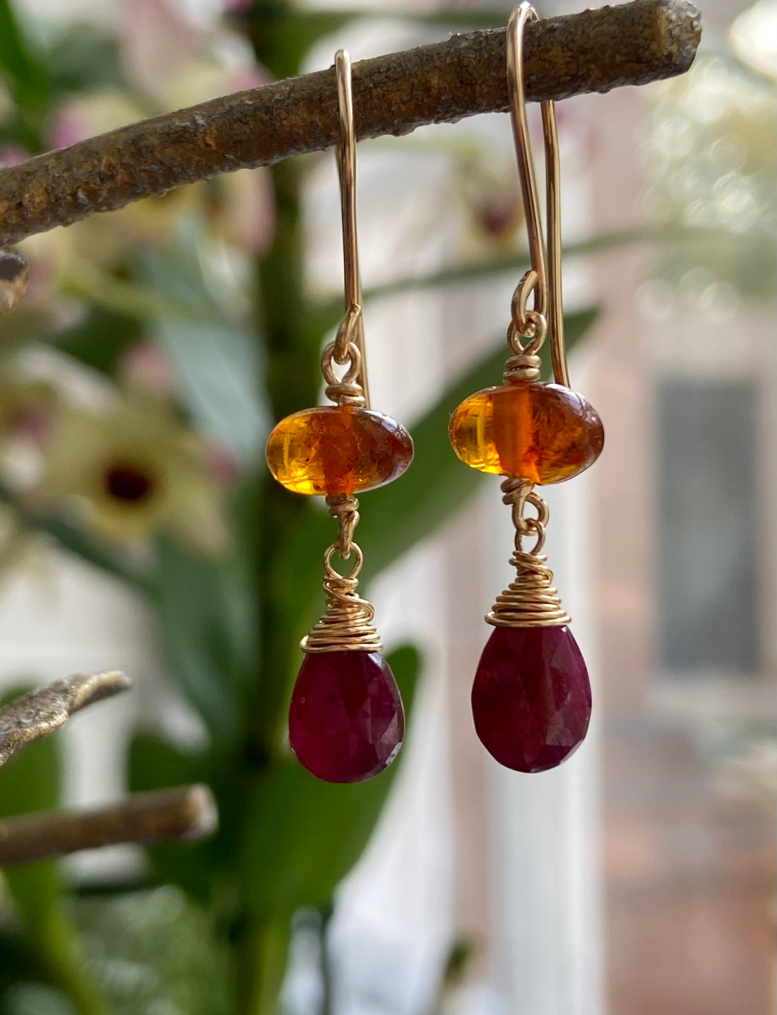 Baltic Amber and Ruby Earrings