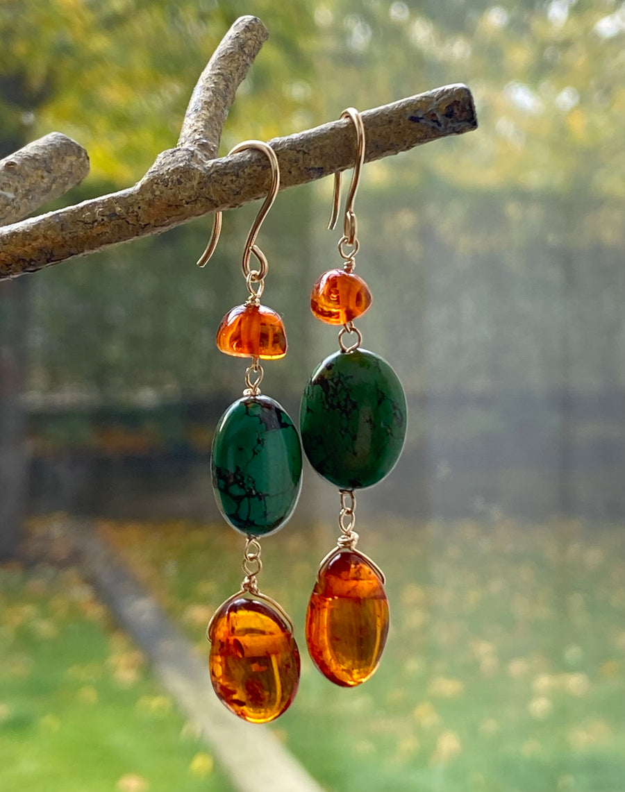 Baltic Amber and Tibetan Turquoise Earrings