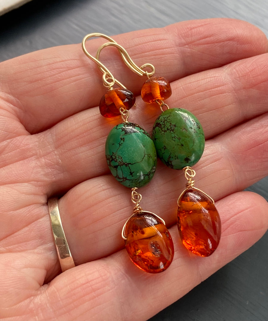 Baltic Amber and Tibetan Turquoise Earrings
