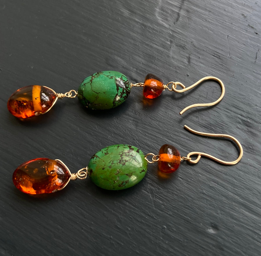 Baltic Amber and Tibetan Turquoise Earrings