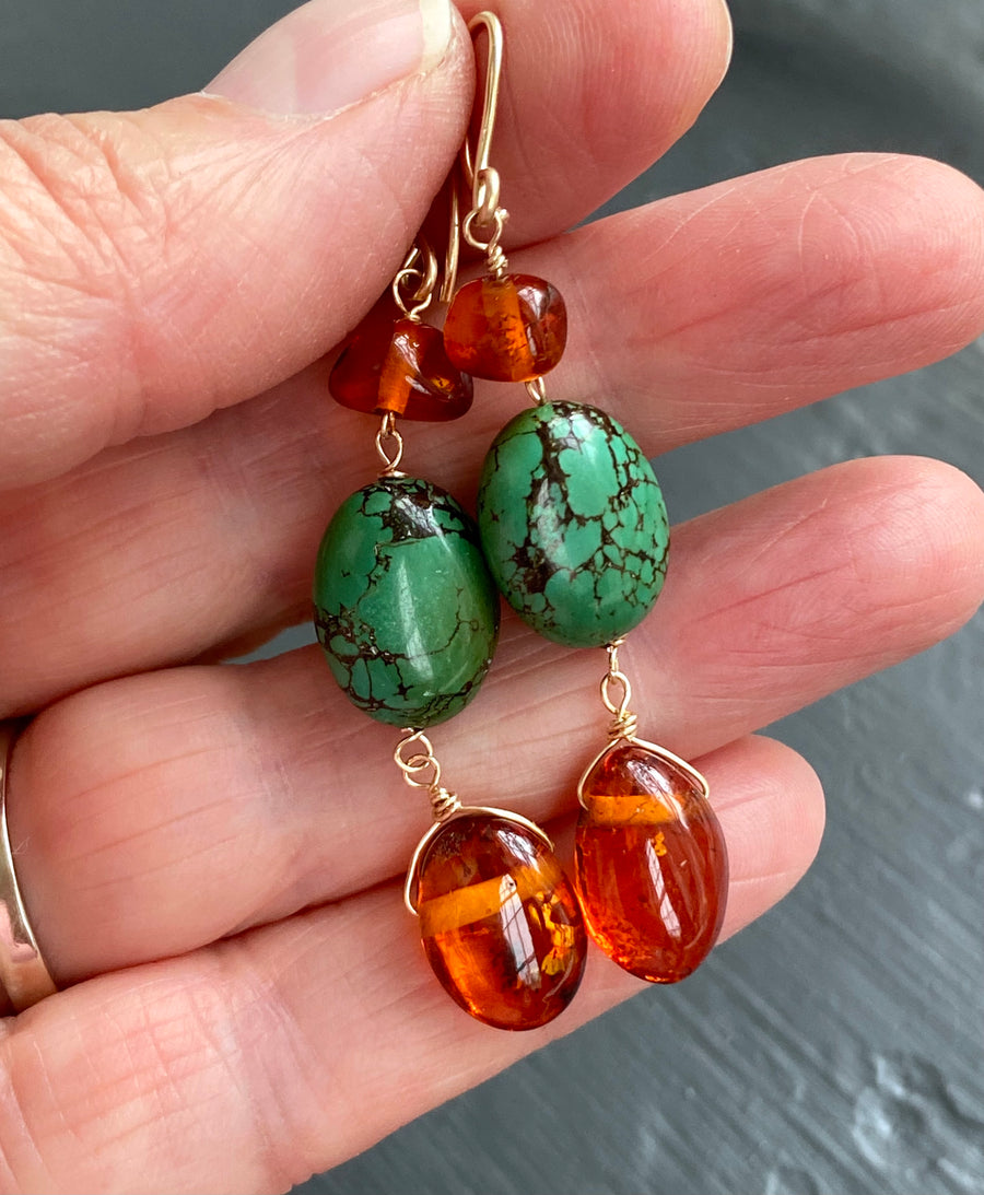 Baltic Amber and Tibetan Turquoise Earrings