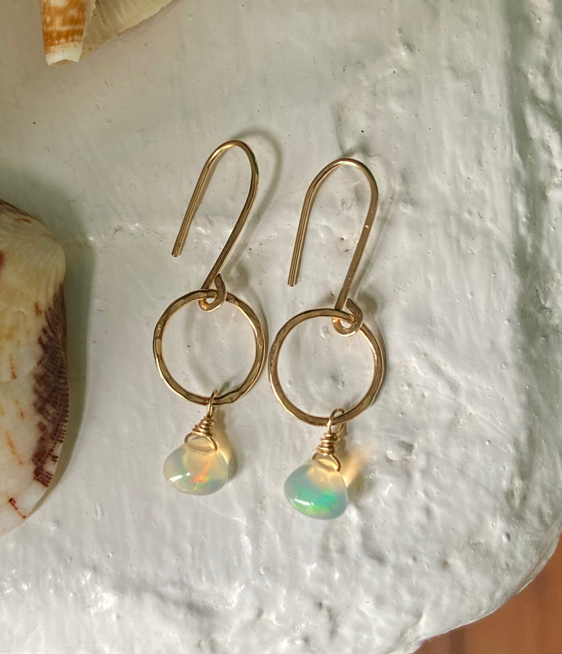 Natural Opal Hammered Hoop Earrings, October Birthstone Earrings