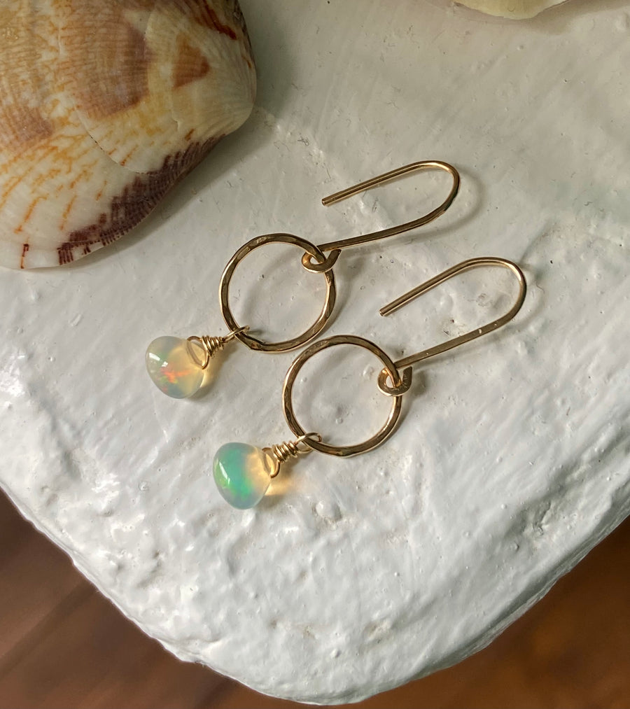 Natural Opal Hammered Hoop Earrings, October Birthstone Earrings