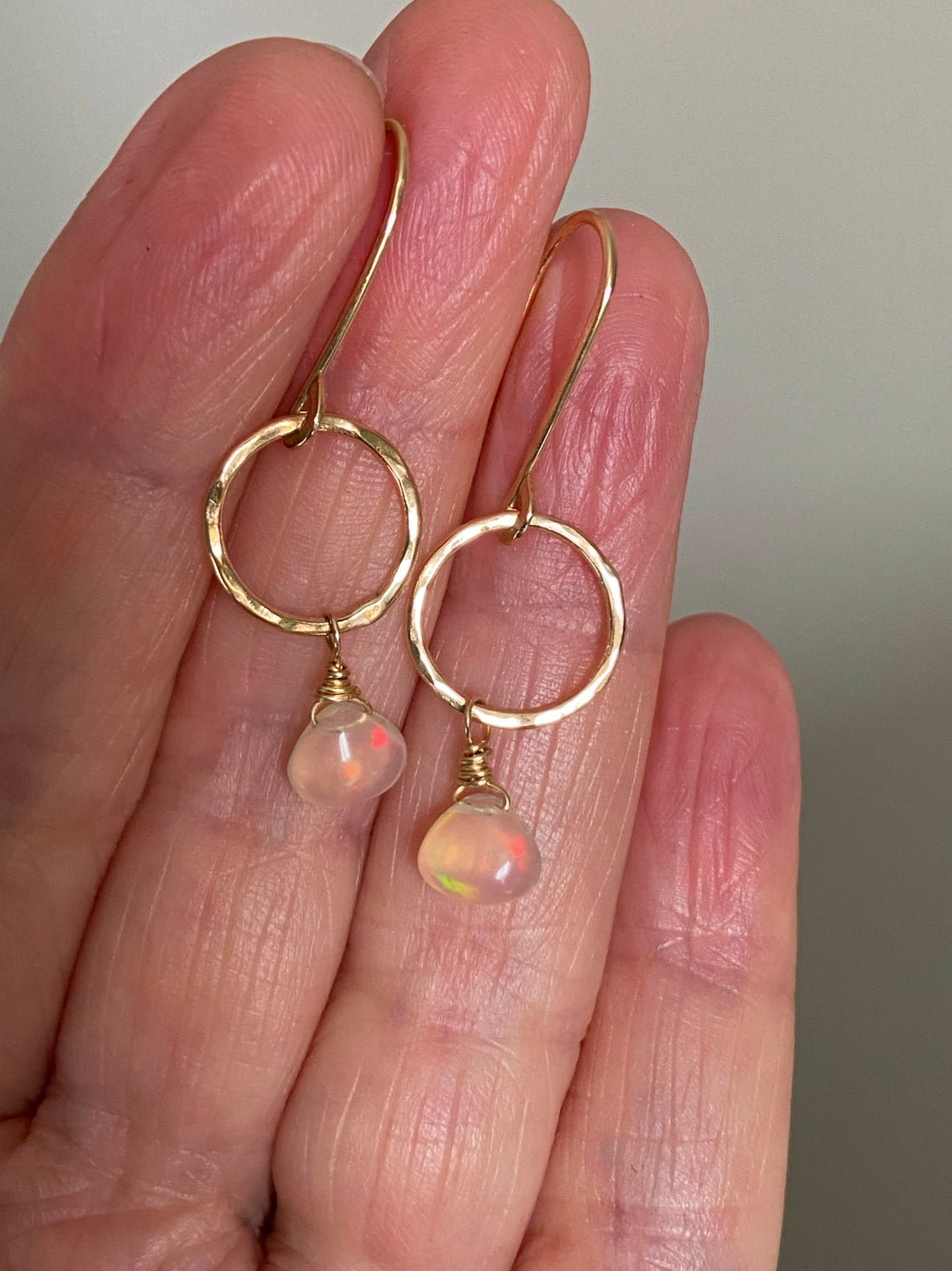 Natural Opal Hammered Hoop Earrings, October Birthstone Earrings