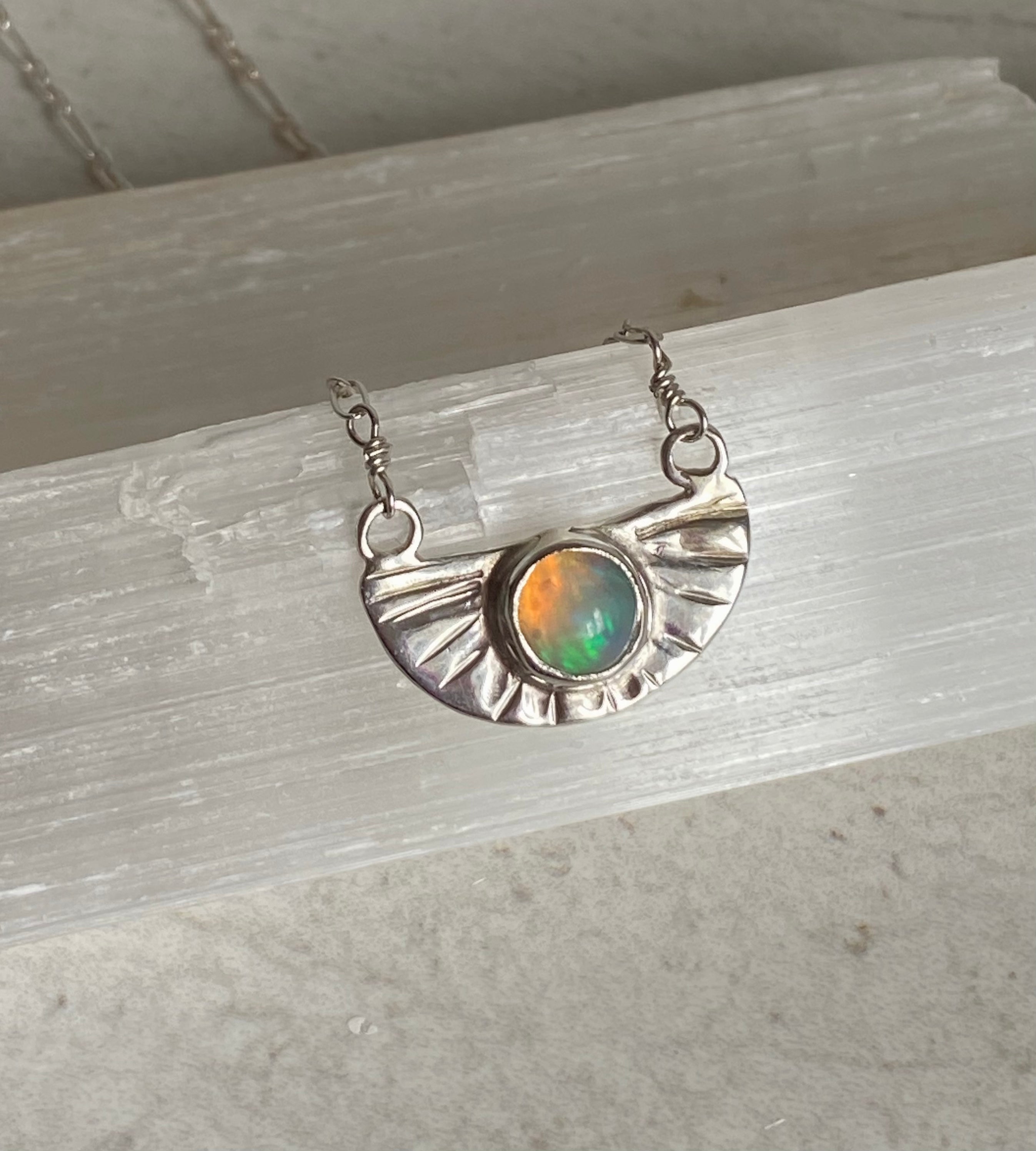 Opal and Silver Half Sunburst Pendant Necklace