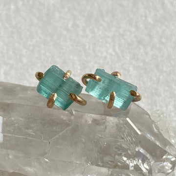 Raw Paraiba Tourmaline Stud Earrings, October Birthstone