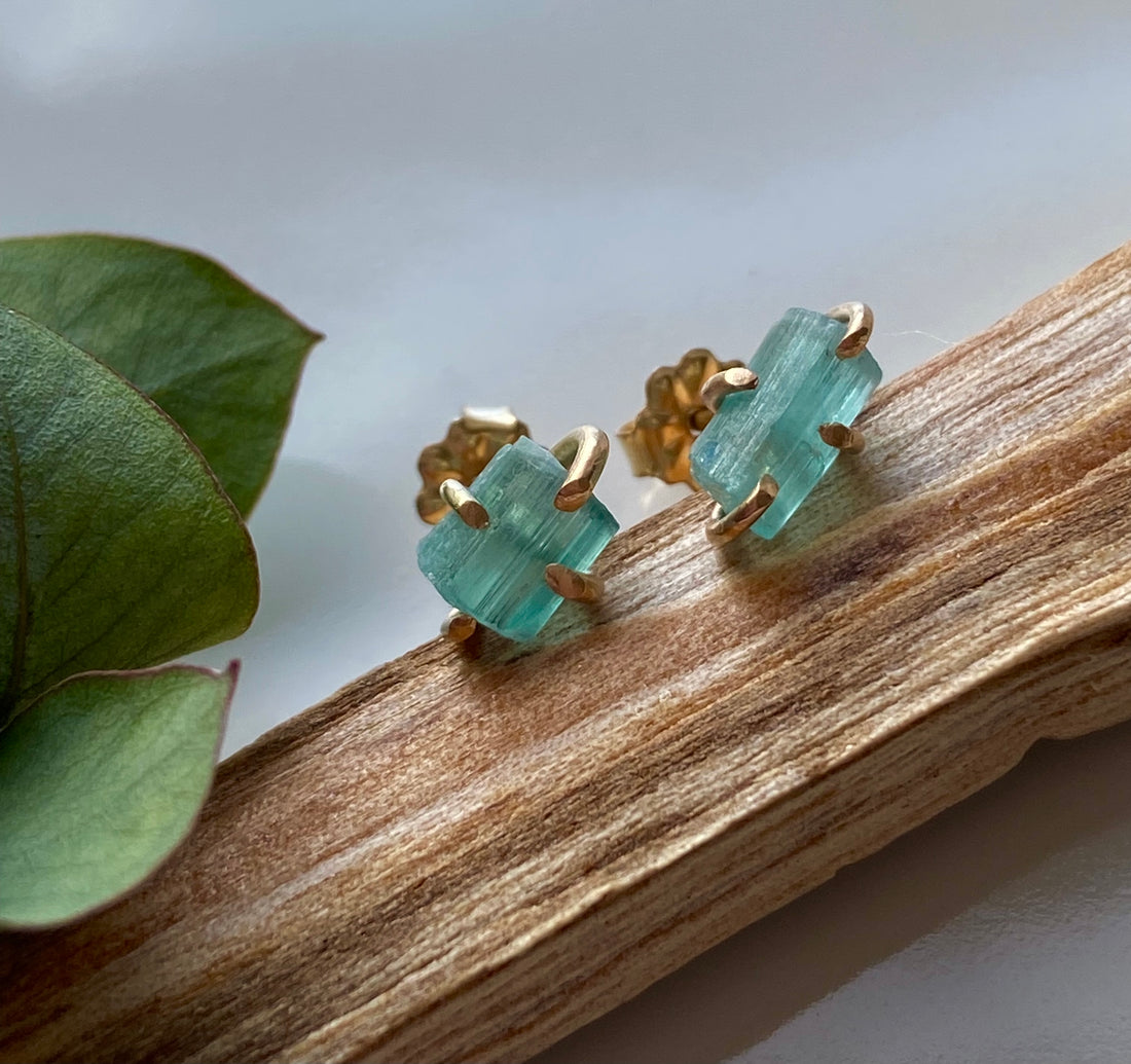 Raw Paraiba Tourmaline Stud Earrings, October Birthstone