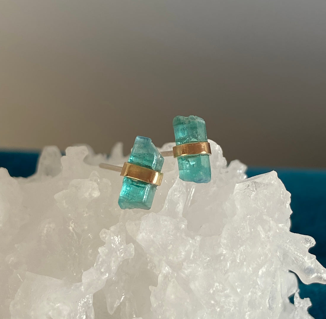 Raw Paraiba Tourmaline Stud Earrings, October Birthstone Earrings