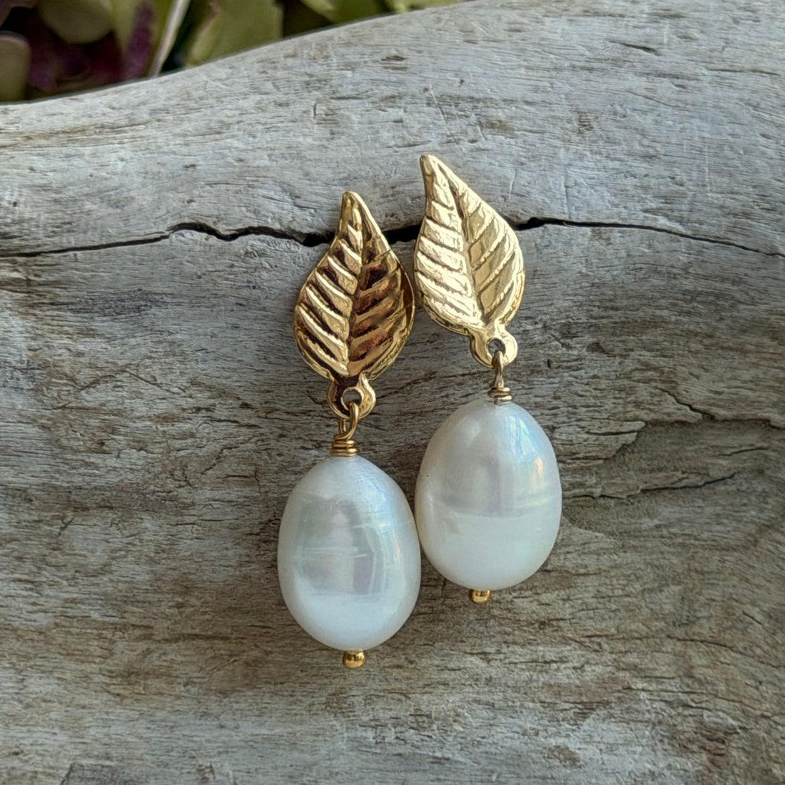 Freshwater Pearl and Leaf Earrings, June Birthstone Earrings