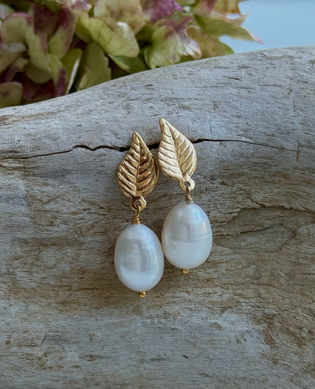 Freshwater Pearl and Leaf Earrings, June Birthstone Earrings