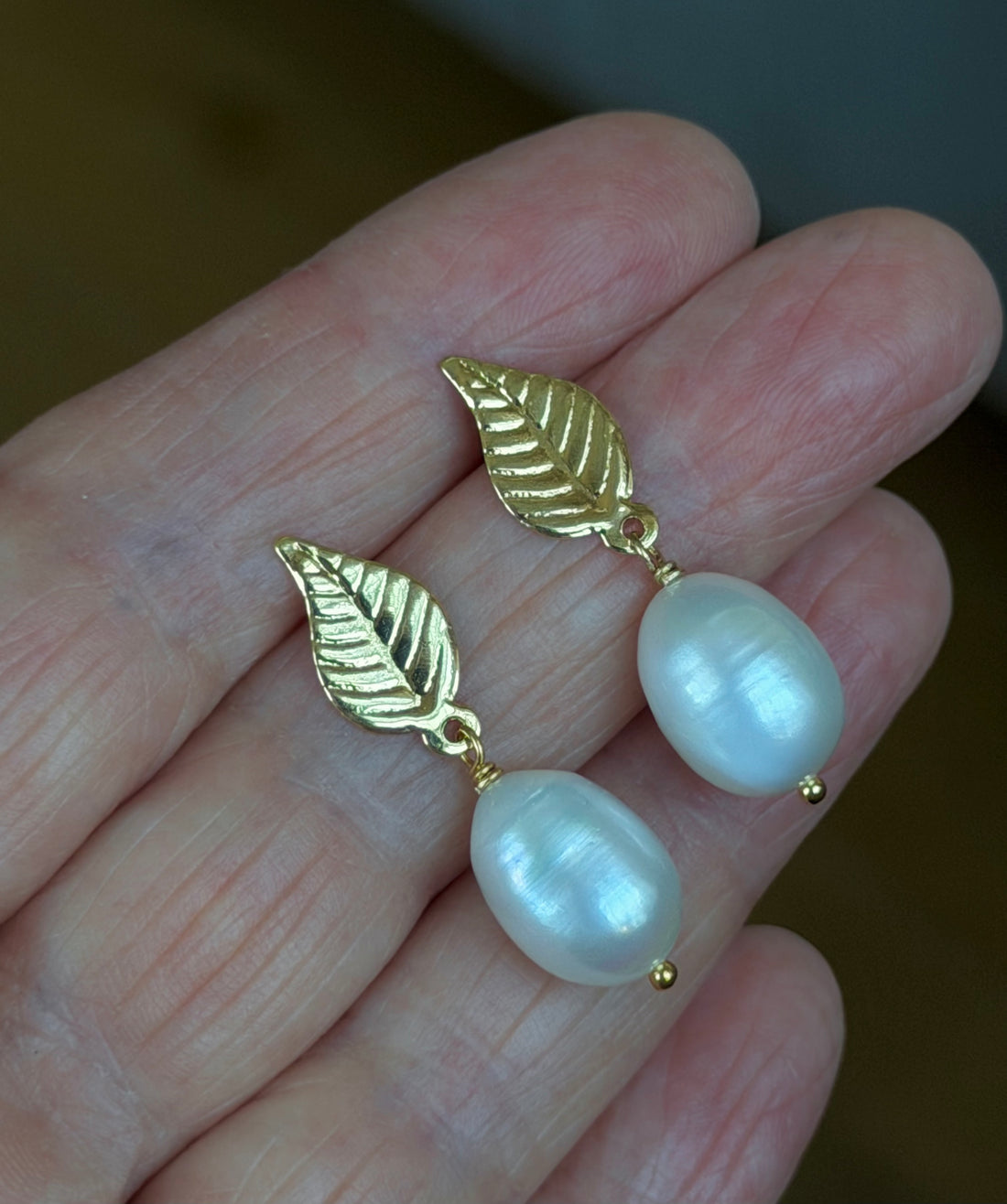 Freshwater Pearl and Leaf Earrings, June Birthstone Earrings