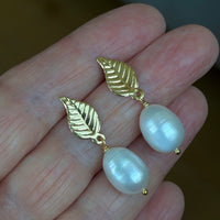 Freshwater Pearl and Leaf Earrings, June Birthstone Earrings