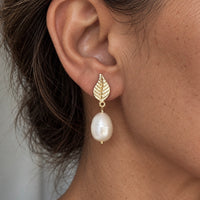 Freshwater Pearl and Leaf Earrings, June Birthstone Earrings