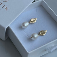 Freshwater Pearl and Leaf Earrings, June Birthstone Earrings