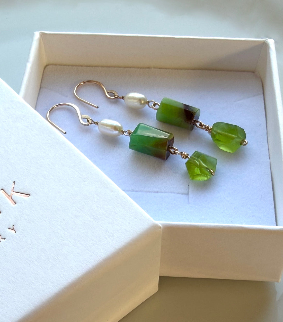 Peridot, Australian Chrysoprase Chalcedony and Freshwater Pearls Earrings