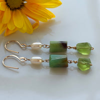 Peridot, Australian Chrysoprase Chalcedony and Freshwater Pearls Earrings