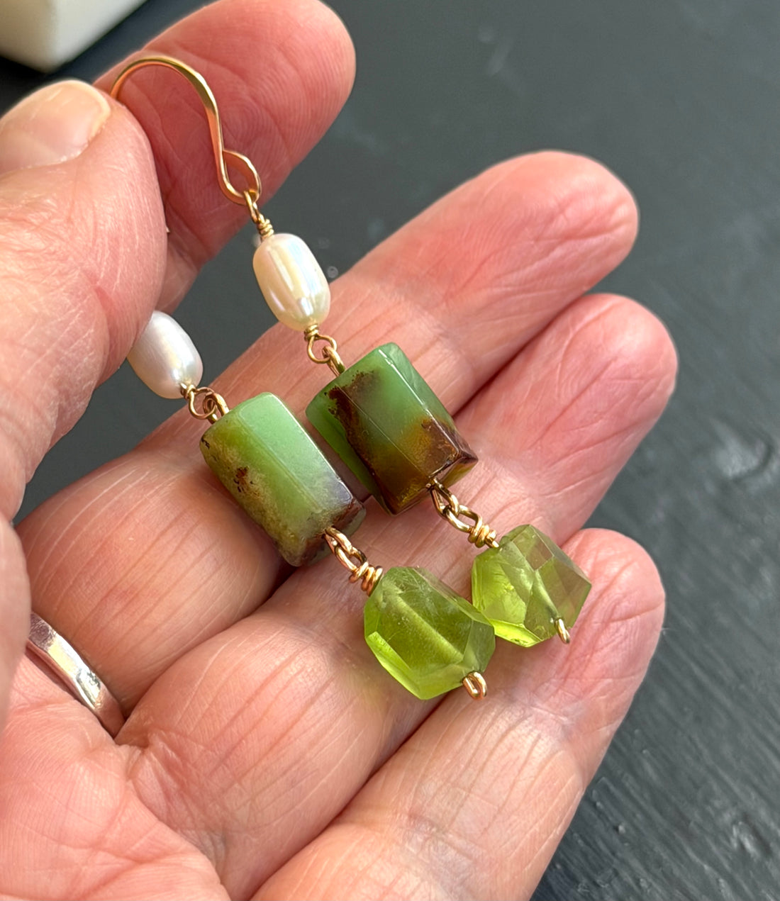 Peridot, Australian Chrysoprase Chalcedony and Freshwater Pearls Earrings