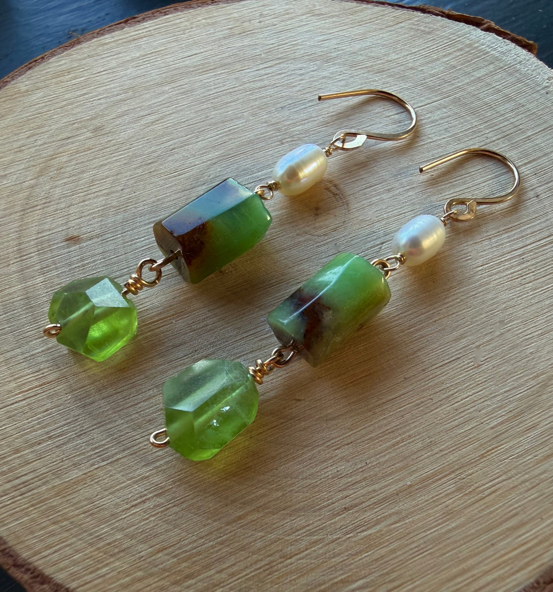Peridot, Australian Chrysoprase Chalcedony and Freshwater Pearls Earrings
