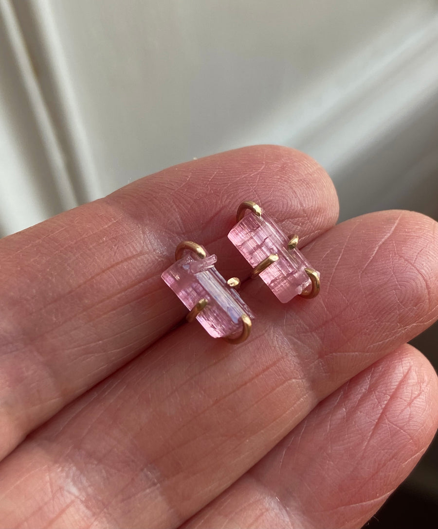 Raw Pink Tourmaline Stud Earrings, October Birthstone Earrings