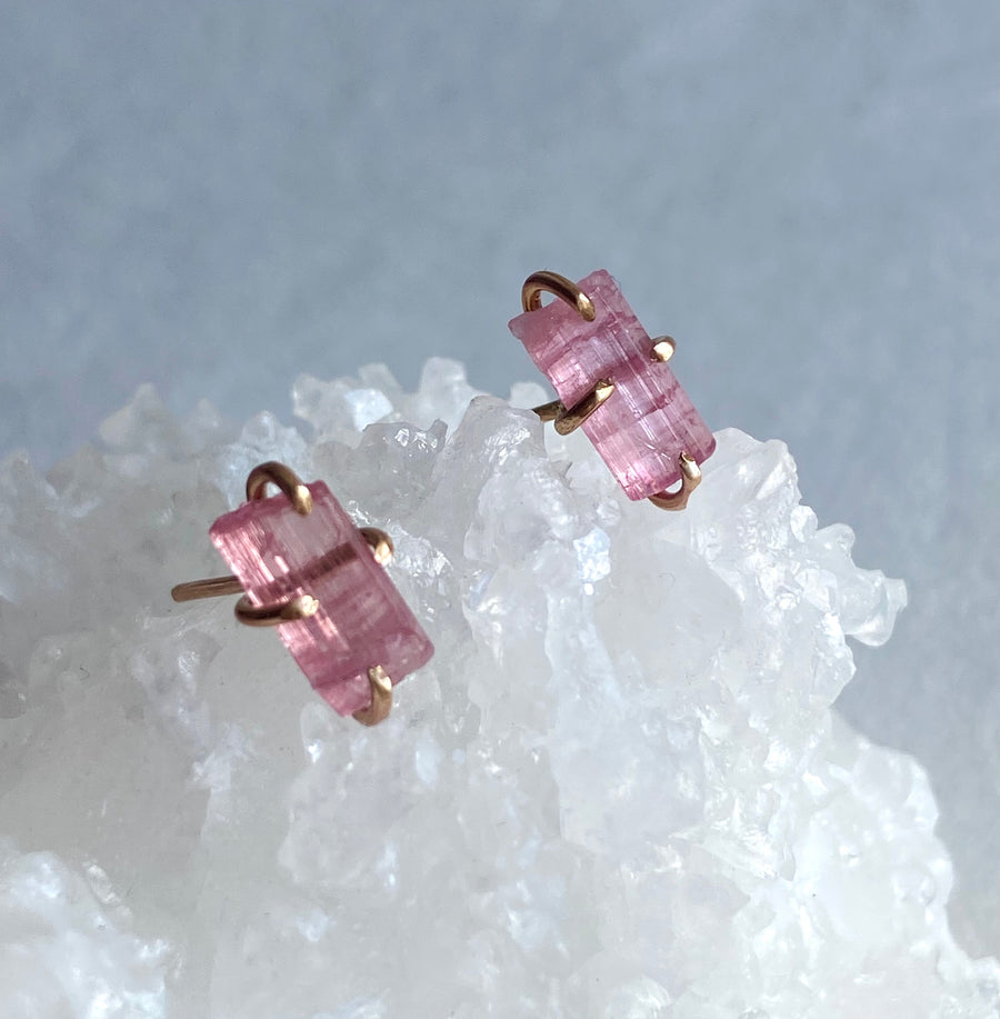 Raw Pink Tourmaline Stud Earrings, October Birthstone Earrings