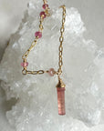Raw Peachy Pink Tourmaline Crystal Point Pendant Necklace, October Birthstone Necklace