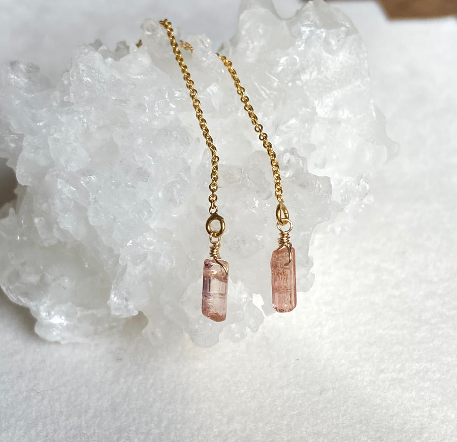 Raw Raspberry Pink Tourmaline Threader Earrings, October Birthstone Earrings