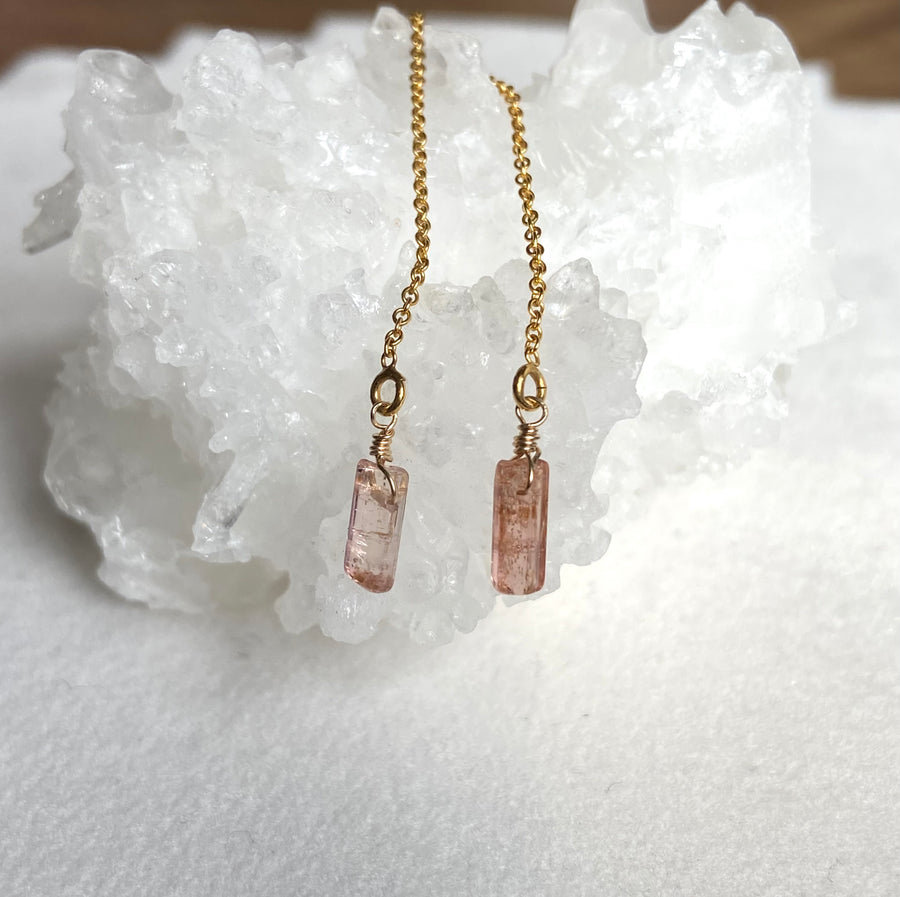 Raw Raspberry Pink Tourmaline Threader Earrings, October Birthstone Earrings