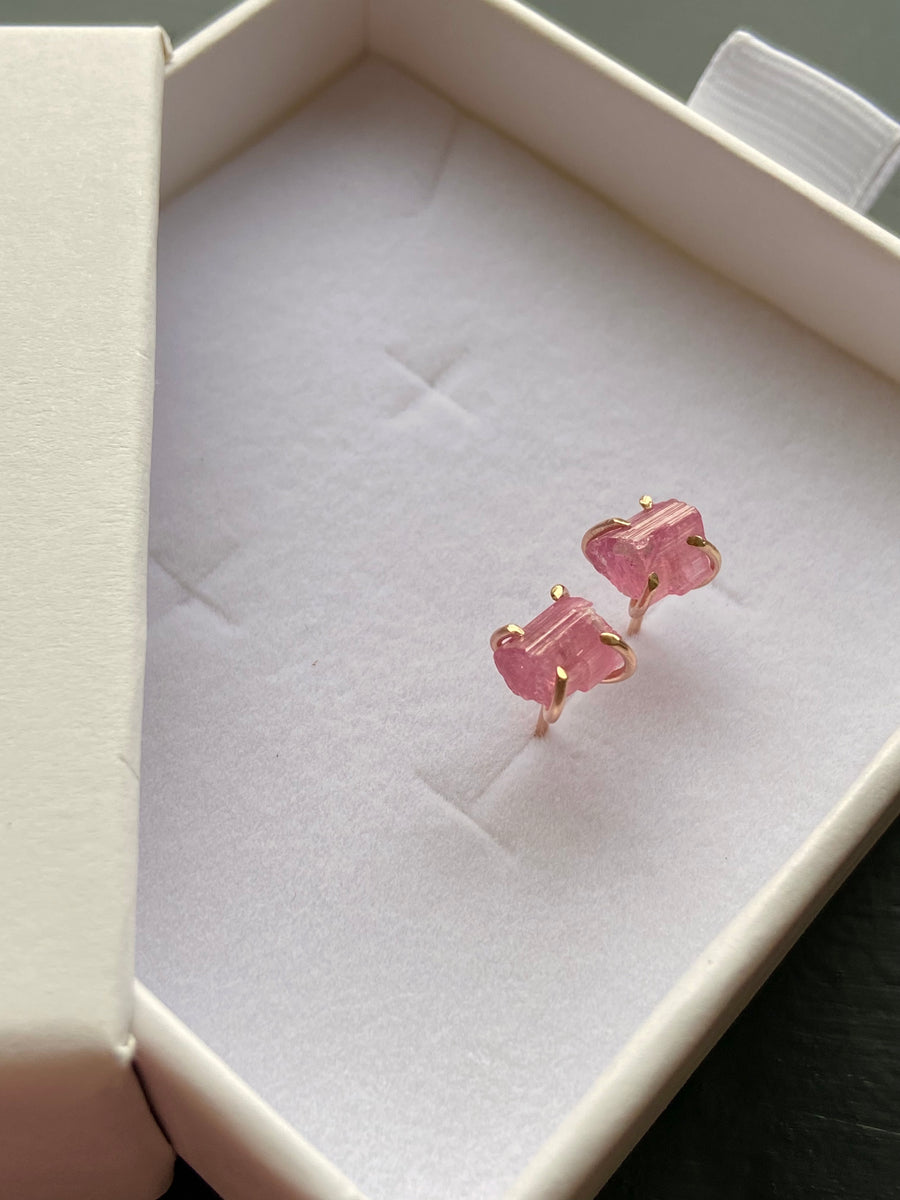 Raw Pink Tourmaline Stud Earrings, October Birthstone Earrings
