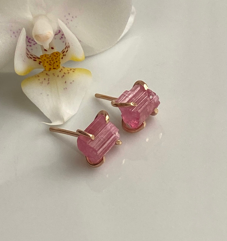 Raw Pink Tourmaline Stud Earrings, October Birthstone Earrings