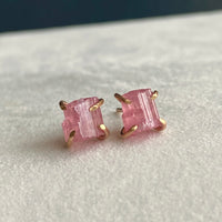 Raw Pink Tourmaline Stud Earrings, October Birthstone Earrings