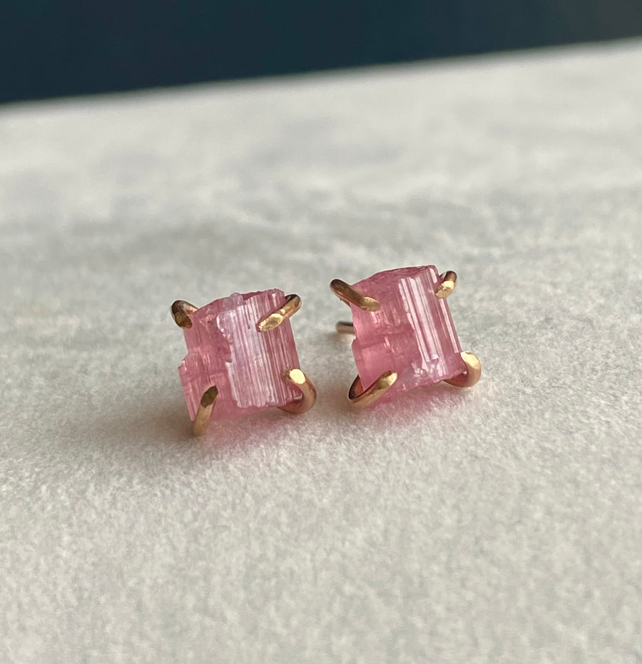 Raw Pink Tourmaline Stud Earrings, October Birthstone Earrings