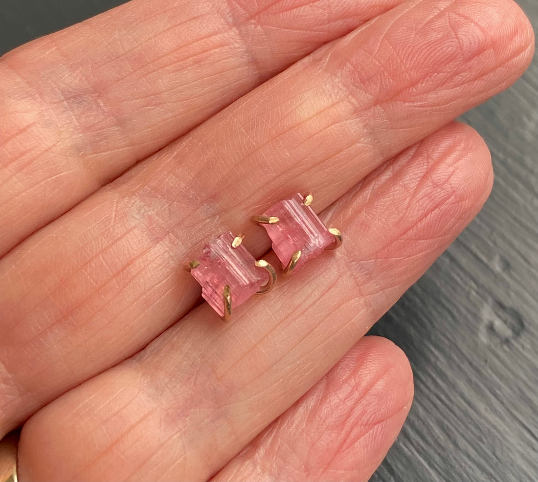 Raw Pink Tourmaline Stud Earrings, October Birthstone Earrings
