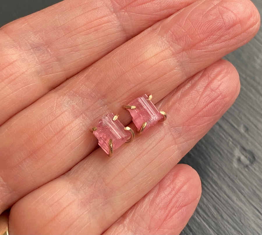 Raw Pink Tourmaline Stud Earrings, October Birthstone Earrings