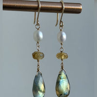 Labradorite, Citrine and Freshwater Pearl Earrings, June November February March Birthstone