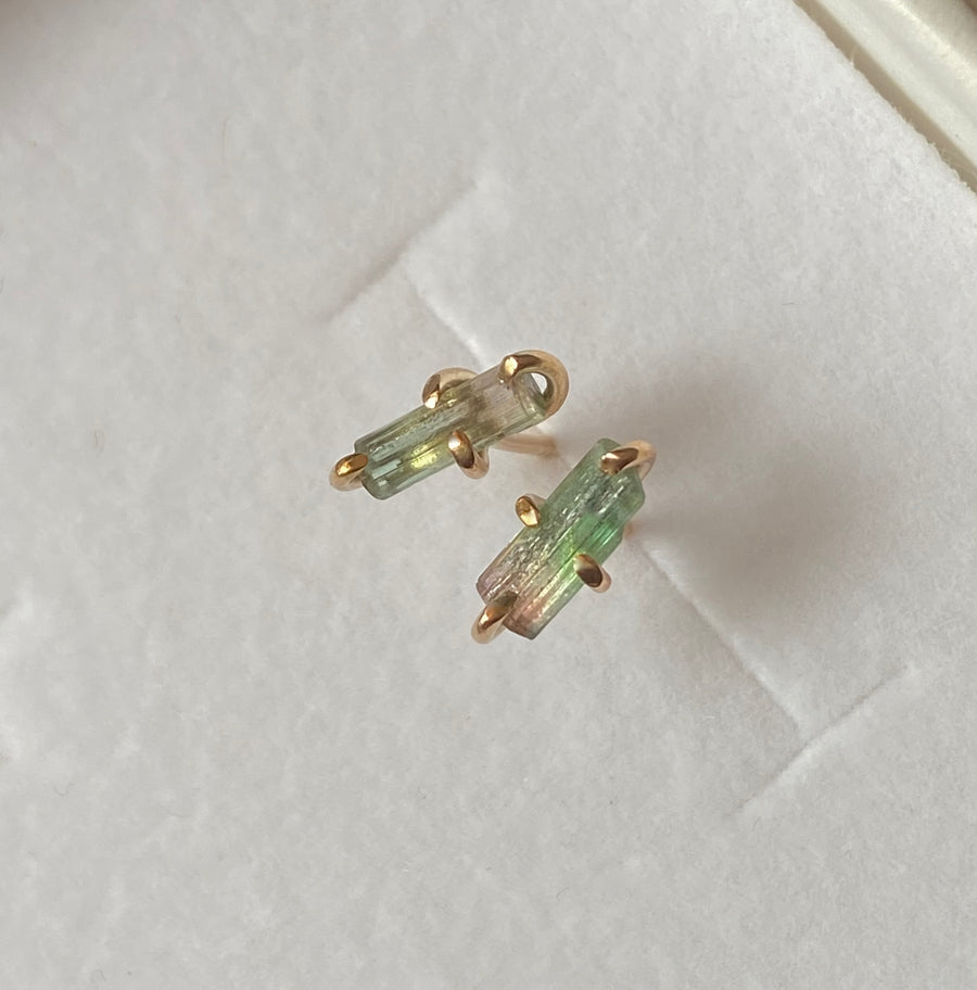 Raw Bicolor Watermelon Tourmaline Stud Earrings, October Birthstone Earrings