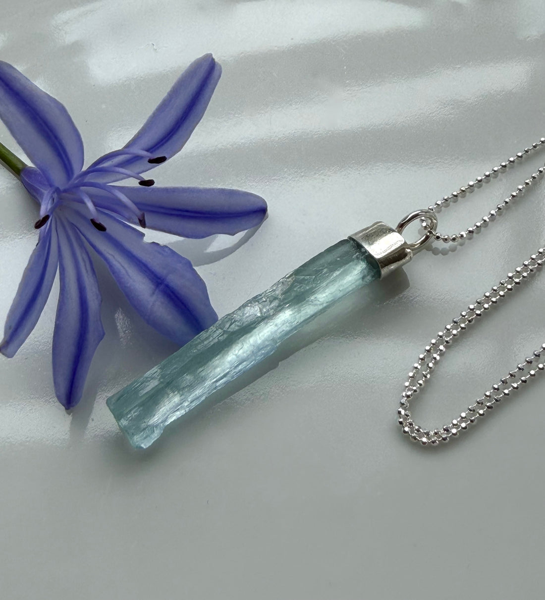 Raw Aquamarine Crystal Pendant Necklace, March Birthstone