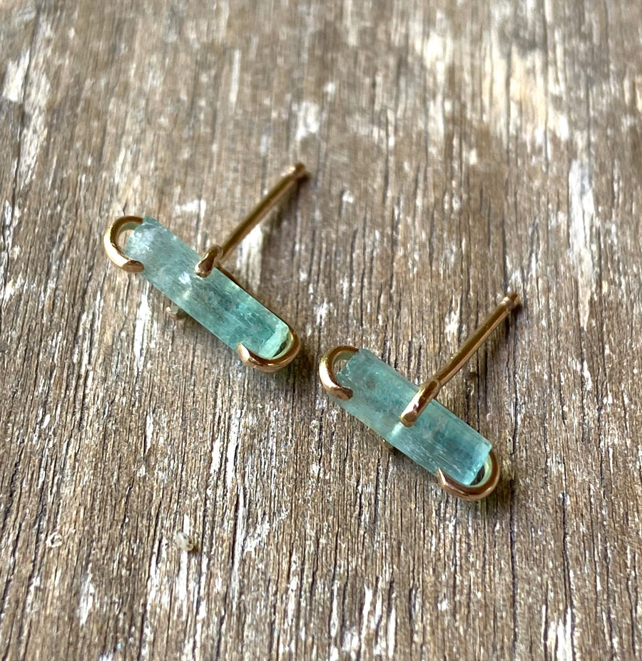 Raw Light Green Emerald Stud Earrings, May Birthstone Earrings