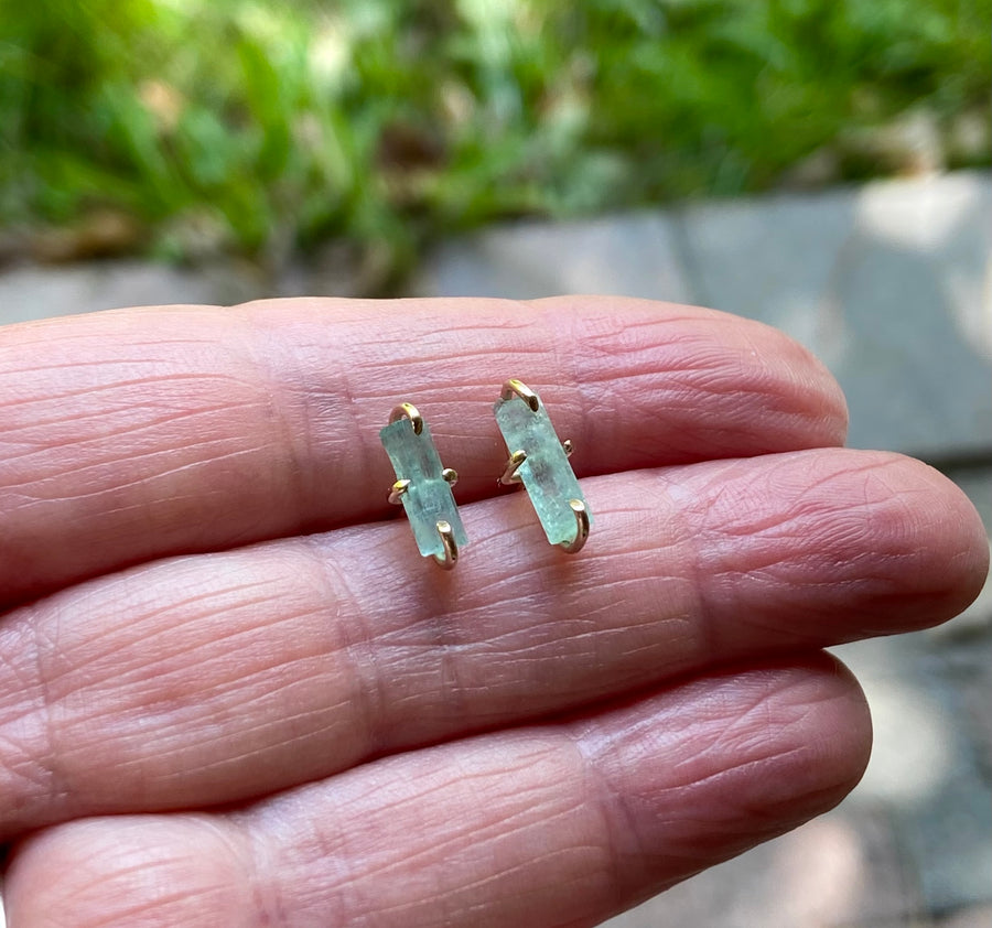 Raw Light Green Emerald Stud Earrings, May Birthstone Earrings