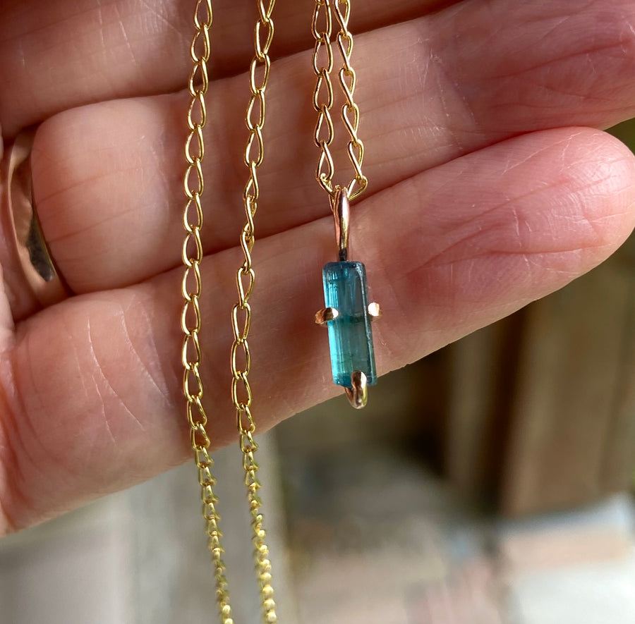 Raw Indicolite Blue Tourmaline Pendant Necklace, October Birthstone Necklace