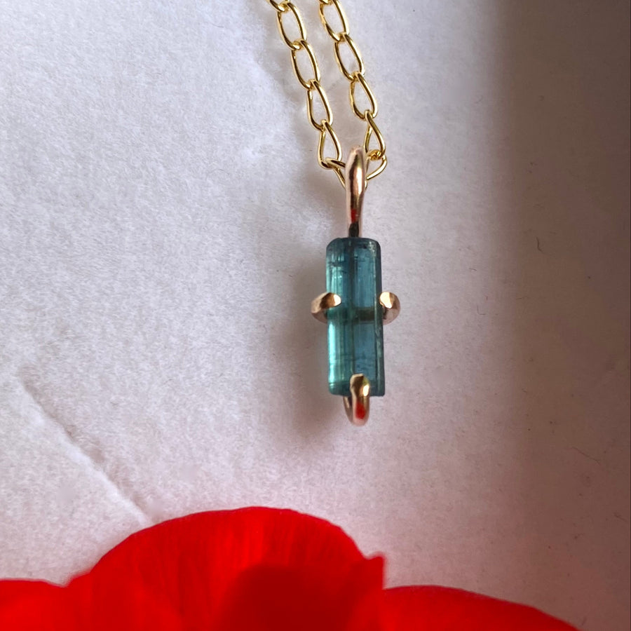 Raw Indicolite Blue Tourmaline Pendant Necklace, October Birthstone Necklace
