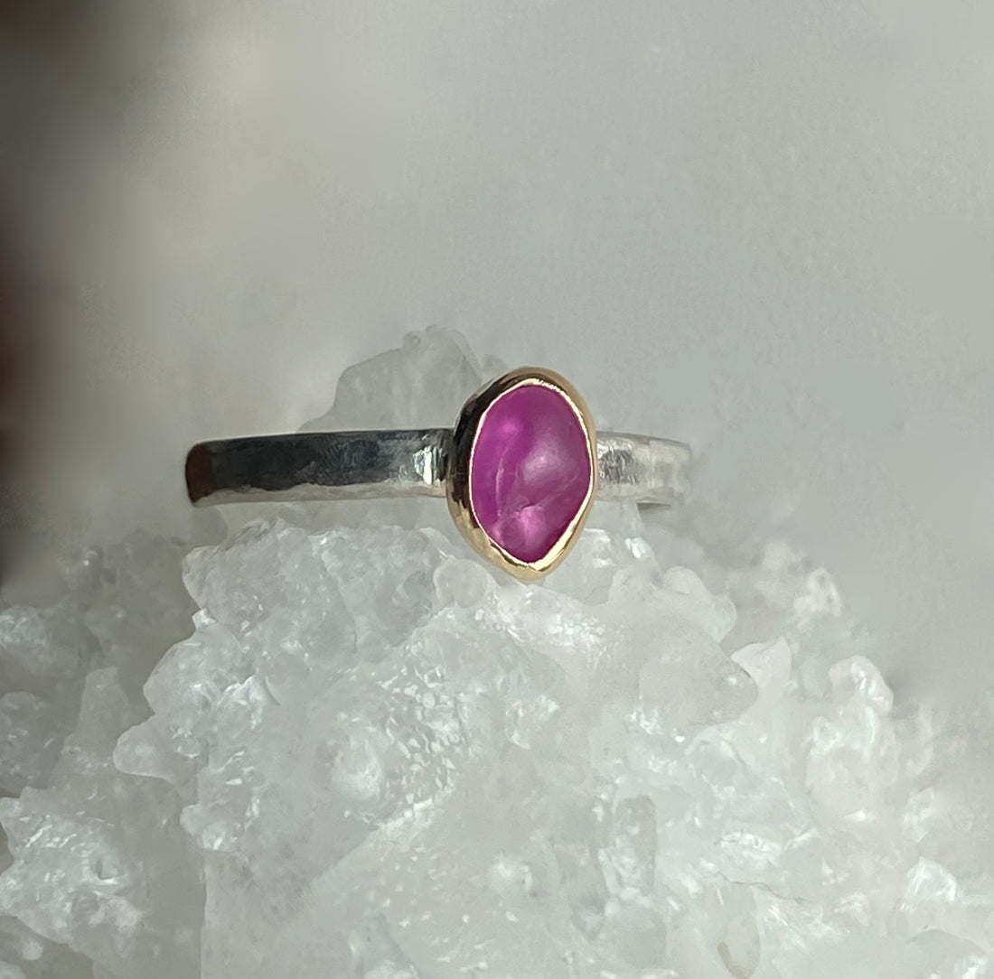 Raw Pink Sapphire and Mixed Metal Ring, Wedding Ring, Engagement Ring, September Birthstone Ring