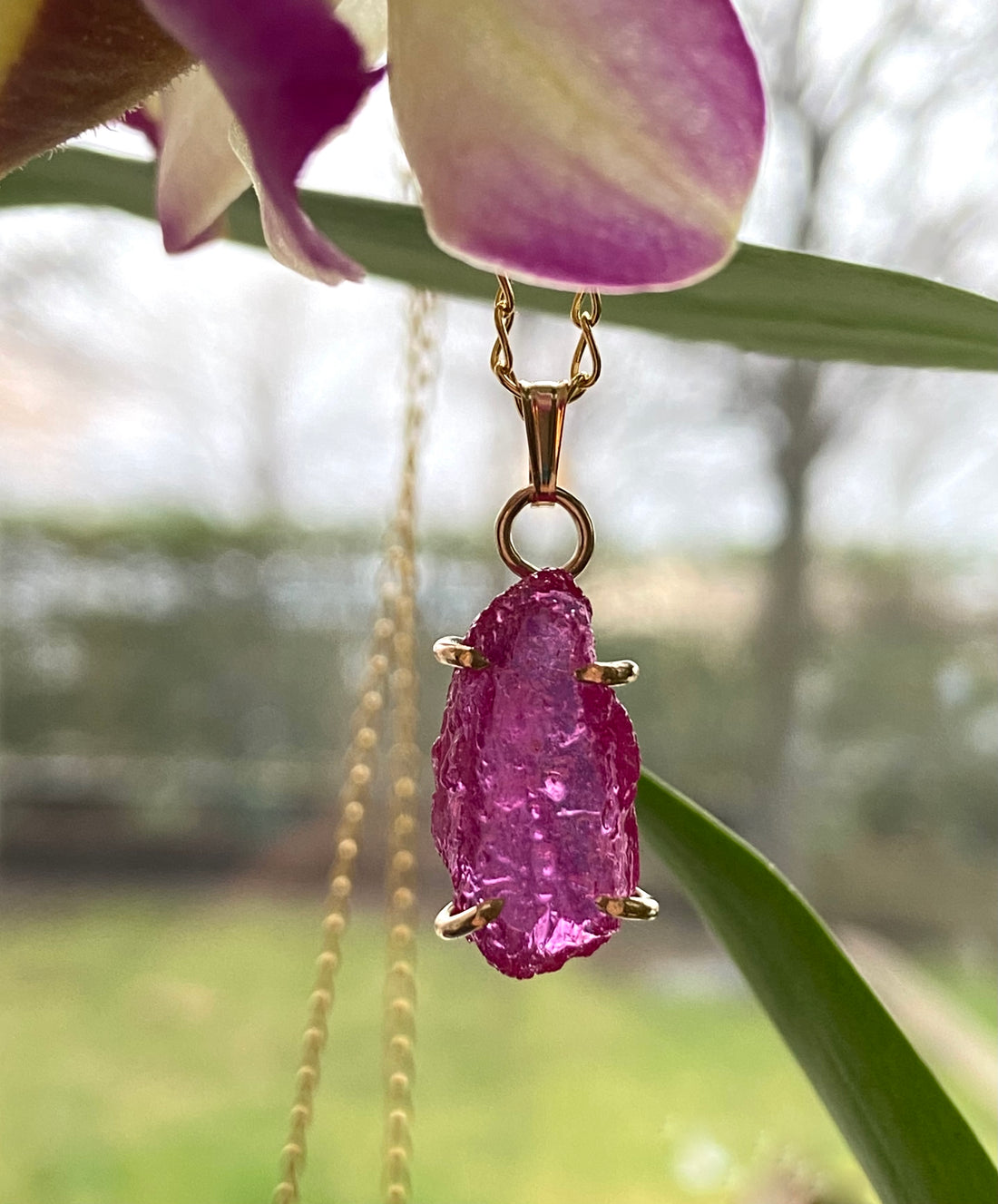 Raw Mozambique Ruby Pendant Necklace, July Birthstone