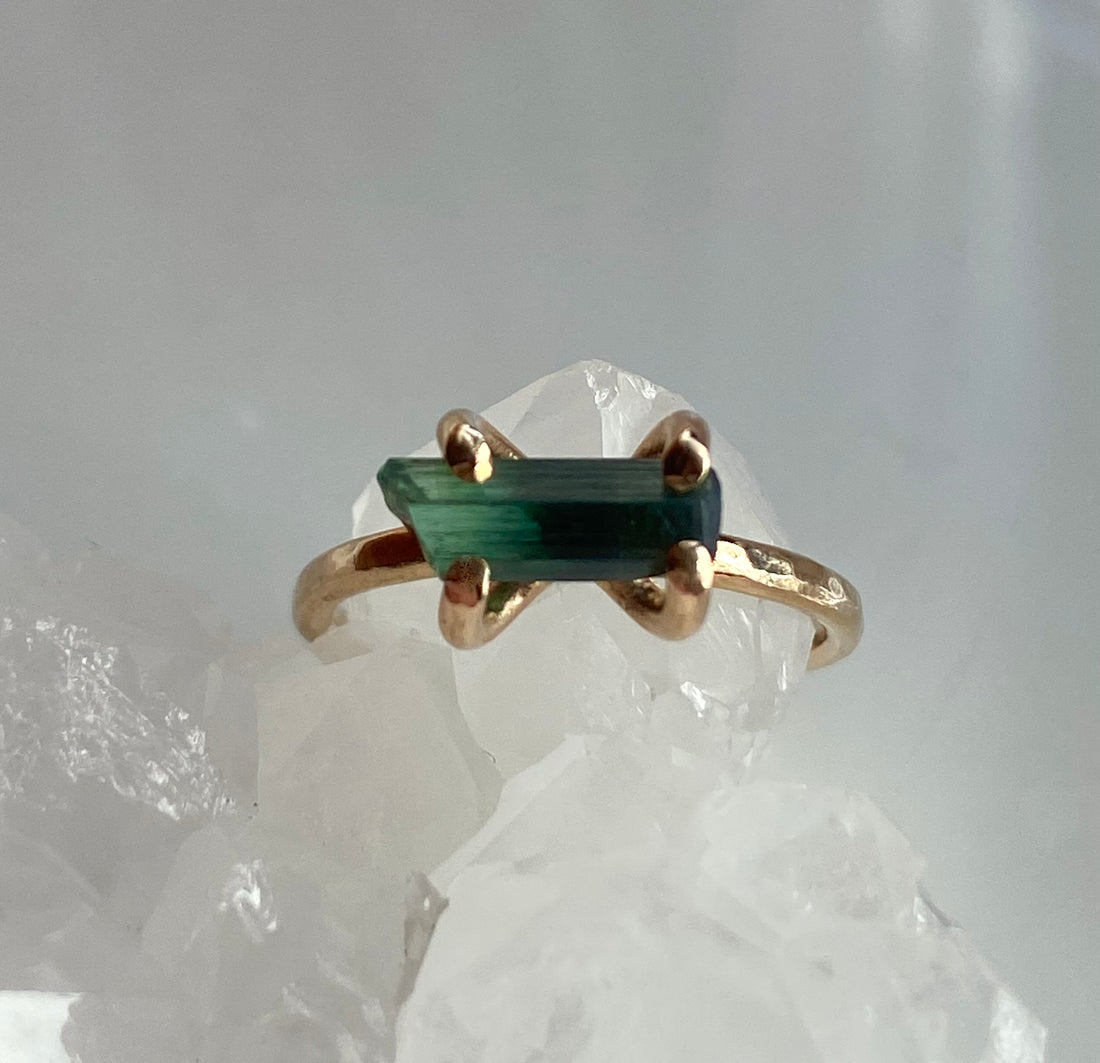 Raw Indicolite Teal Blue/Green Tourmaline Ring, October Birthstone Ring