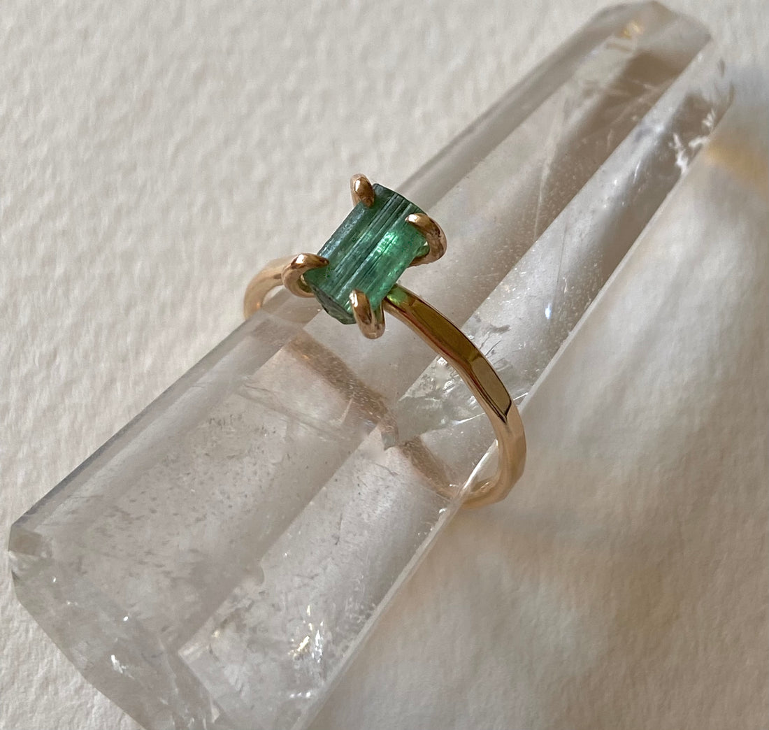 Raw Green Tourmaline Ring, October Birthstone Ring